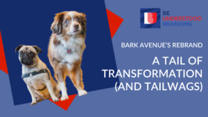 Blog Post title image: one pug dog and one australian shepard dog sitting close together looking confused. next to text 'a tale of transformation and tailwags'